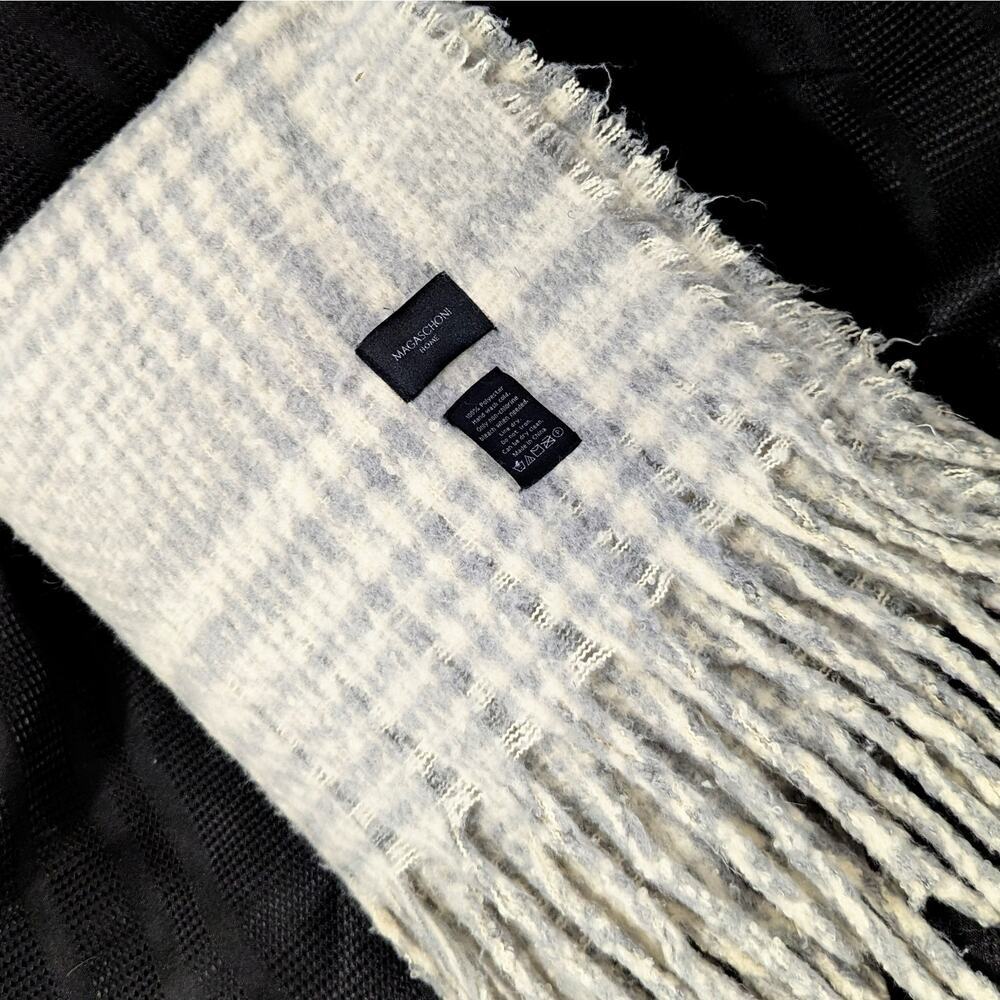 NWOT! MAGASCHONI HOME! ETHEREALLY FLUFFY WOOL BLEND CREAM, GRAY THROW BLANKET!